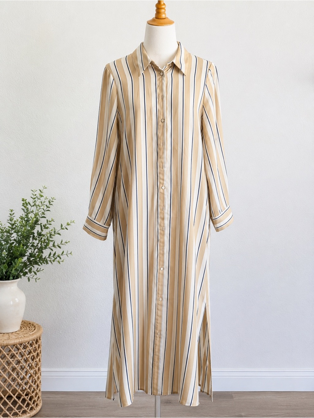Zara Beige and White Striped Maxi Shirt Dress